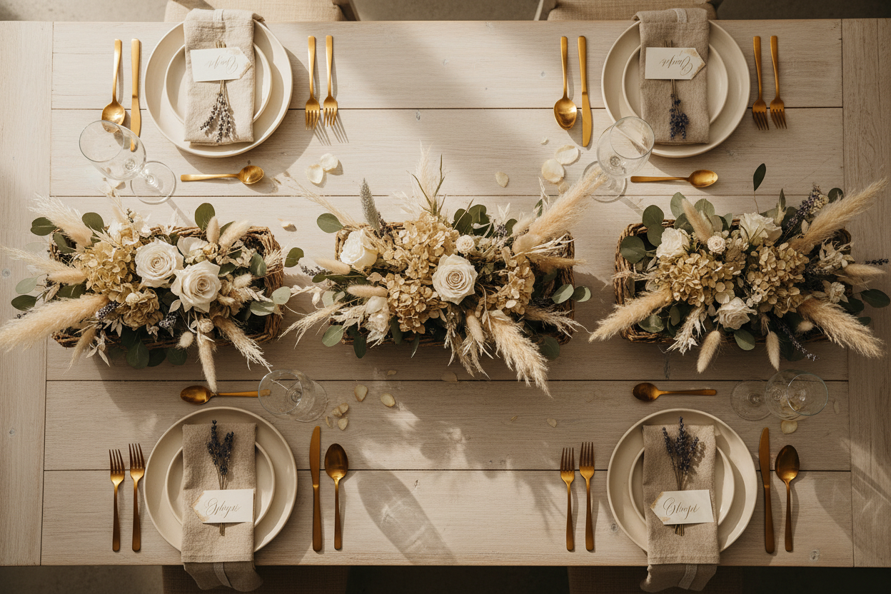 rectangular table setting view from above. with dried flower arrangements